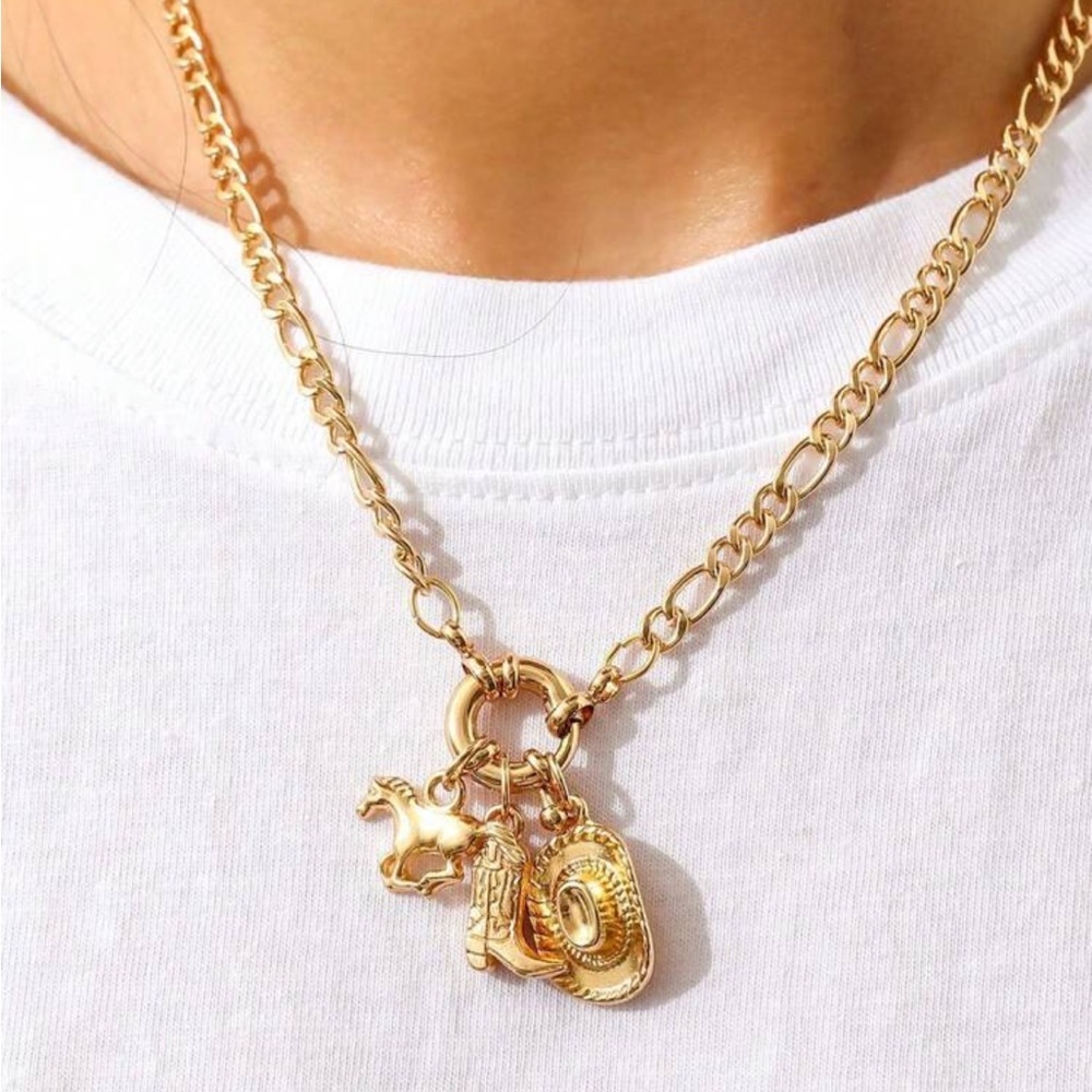 Cowboy hat horse boot charm link gold necklace coastal cowgirl trend summer 2026